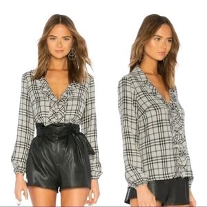 Majorelle Black Plaid Ruffle Marina Blouse XS Long Sleeve Sheer Revolve Top